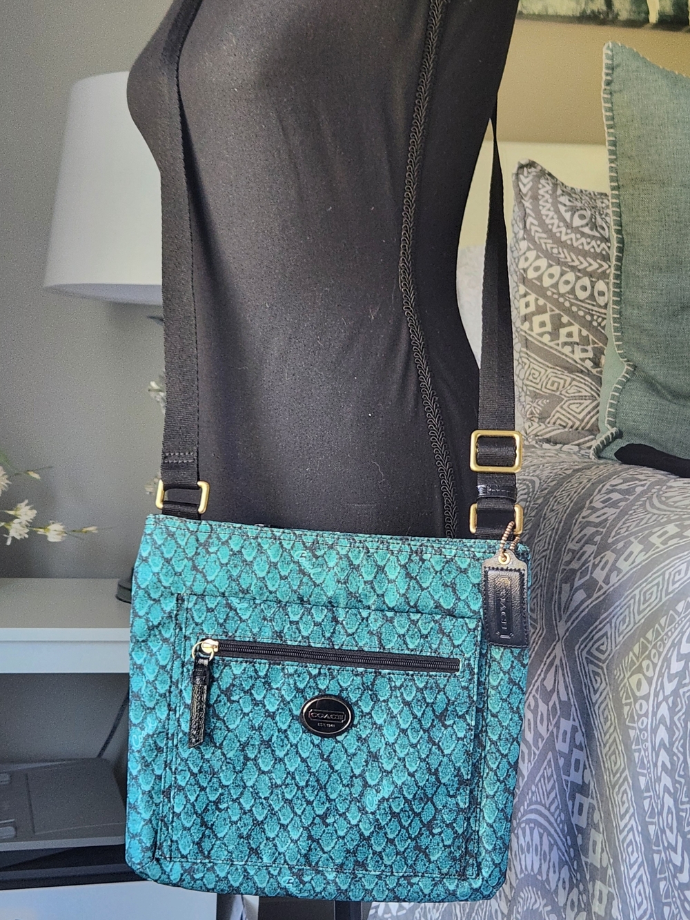 Coach Teal Snake-Print Crossbody with Black Trim